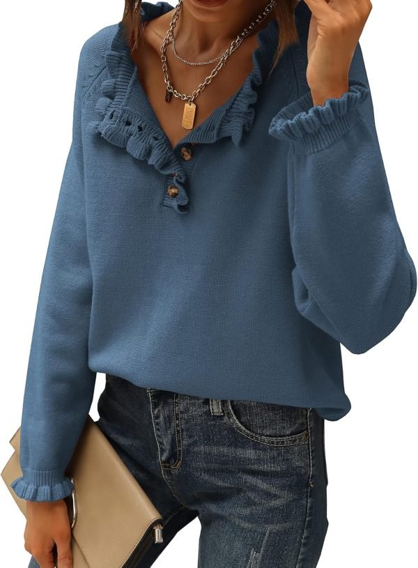 81JxH2o7bjL._AC_SL1500 Women's Sweaters Casual Long Sleeve Button Down Crew Neck Ruffle Knit Pullover Sweater Tops Solid Color Striped