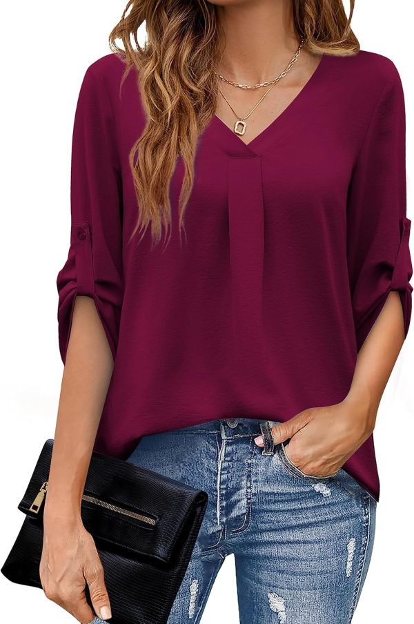 U.Vomade Women's 3/4 Cuffed Sleeve Chiffon V Neck Casual Shirts for Women S-XL