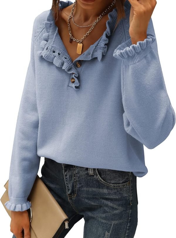 81KgAKcRFSL._AC_SL1500 Women's Sweaters Casual Long Sleeve Button Down Crew Neck Ruffle Knit Pullover Sweater Tops Solid Color Striped