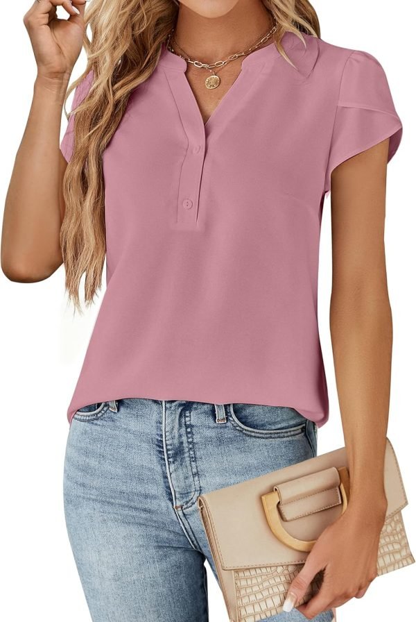 81KoRWmvq5L._AC_SL1500 Womens Dressy Casual Tops Business Casual Cap Sleeve Work Blouses Chiffon V Neck Button Down Shirts