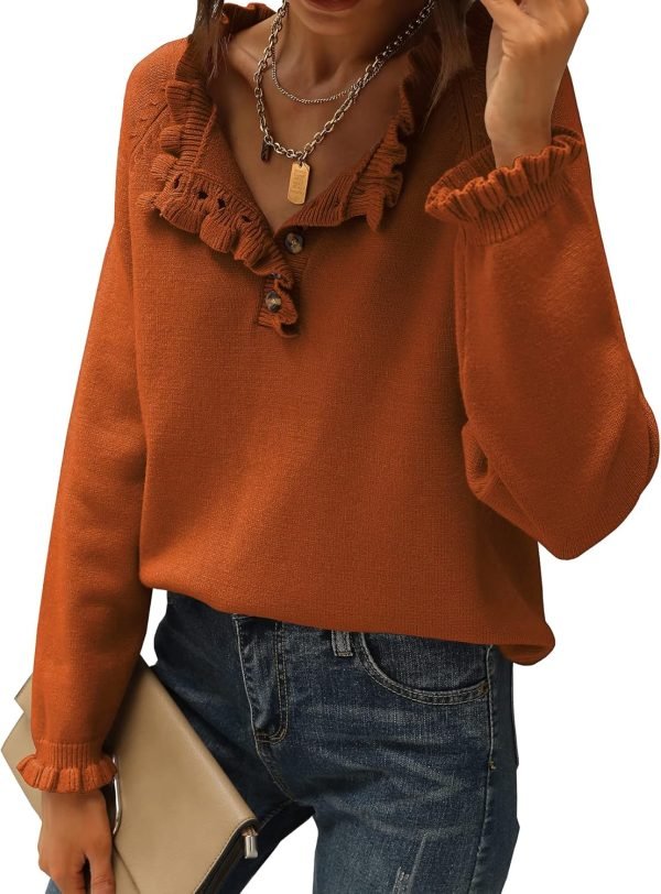 81L0LXEopkL._AC_SL1500 Women's Sweaters Casual Long Sleeve Button Down Crew Neck Ruffle Knit Pullover Sweater Tops Solid Color Striped