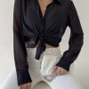 Women's Sheer Mesh Button Up Shirt Long Sleeve See Through Blouse