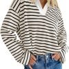 Womens Striped Long Sleeve Shirts 2024 Casual V Neck Oversized Sweatshirt Loose Fit Tunic Tops Fall Blouses