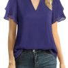 Womens Dressy Chiffon Blouses Summer Puff Petal Short Sleeve Shirts V Neck Casual Work Tops