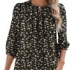 V Neck Puff 3/4 Length Sleeve Womens Tops Dressy Casual Chiffon Work Blouses Pleated T-Shirts Loose Fit S-XXL