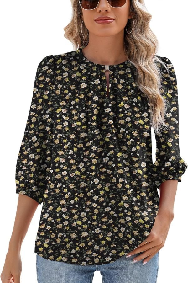 V Neck Puff 3/4 Length Sleeve Womens Tops Dressy Casual Chiffon Work Blouses Pleated T-Shirts Loose Fit S-XXL