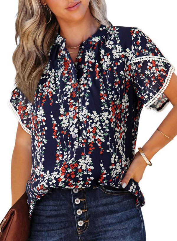 81OernogsJL._AC_SL1500 Womens Tops Summer Casual Boho Floral Print Short Sleeve Half Button Down V Neck Chiffon Blouses Shirts