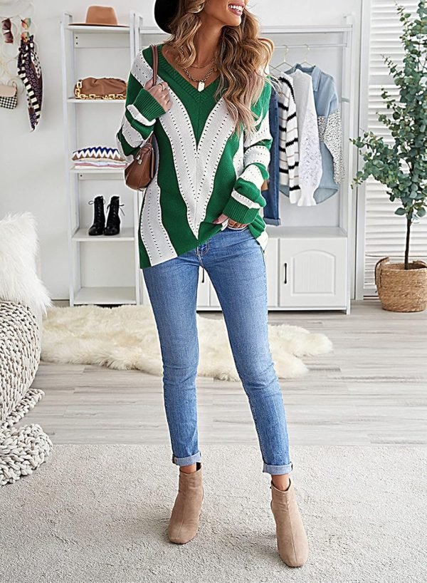 81Ojlcs5mRS._AC_SL1500 Womens 2024 Deep V Neck Sweaters Striped Long Sleeve Knit Pullover Sweaters for Women
