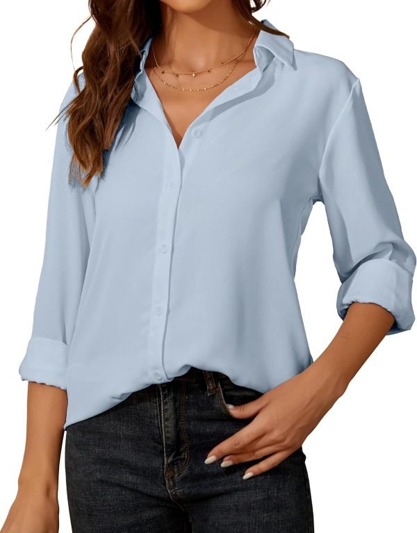 81OpUdRGJzL._AC_SL1500 Womens Button Down Shirt Long Sleeve Classic Collared Tops Work Office Casual Chiffon Blouse
