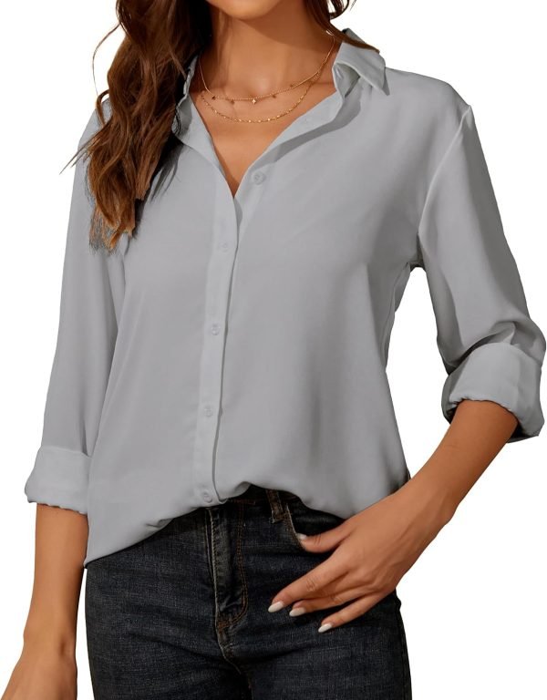 81PorpQLhML._AC_SL1500 Womens Button Down Shirt Long Sleeve Classic Collared Tops Work Office Casual Chiffon Blouse