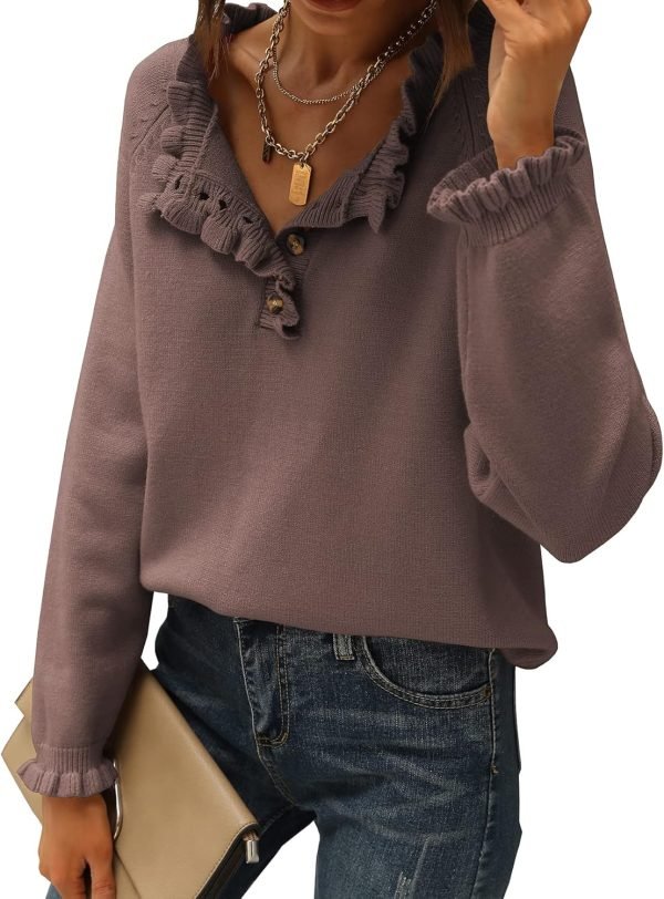 81RILVtClmL._AC_SL1500 Women's Sweaters Casual Long Sleeve Button Down Crew Neck Ruffle Knit Pullover Sweater Tops Solid Color Striped