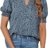 Womens Fashion Blouses Notched V Neck Puffer Short Sleeve Shirt Polka Dot Tops Chiffon Dressy Shirts