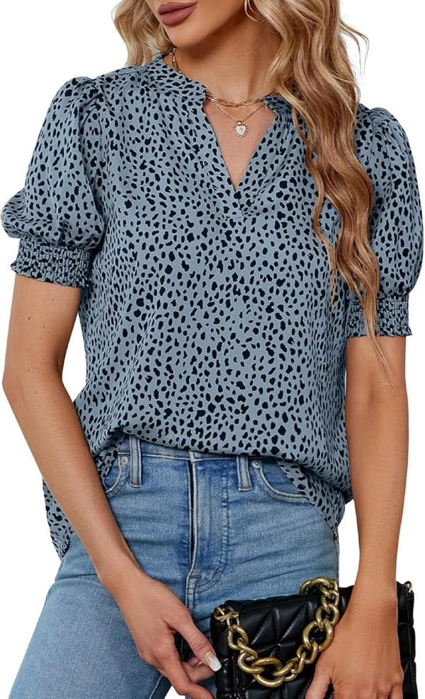 81RrNqpsEPL._AC_SL1500 Womens Fashion Blouses Notched V Neck Puffer Short Sleeve Shirt Polka Dot Tops Chiffon Dressy Shirts