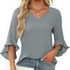 Chiffon Blouses for Women Ruffle 3/4 Sleeve Dressy V Neck Casual Flowy Tunic Tops