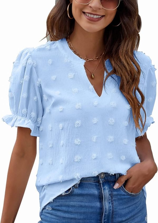 81SXRsSwONL._AC_SL1500 Womens Puff Sleeve Summer Tops Chiffon Short Sleeve Blouses White V Neck Pom Pom Shirts