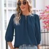 V Neck Puff 3/4 Length Sleeve Womens Tops Dressy Casual Chiffon Work Blouses Pleated T-Shirts Loose Fit S-XXL