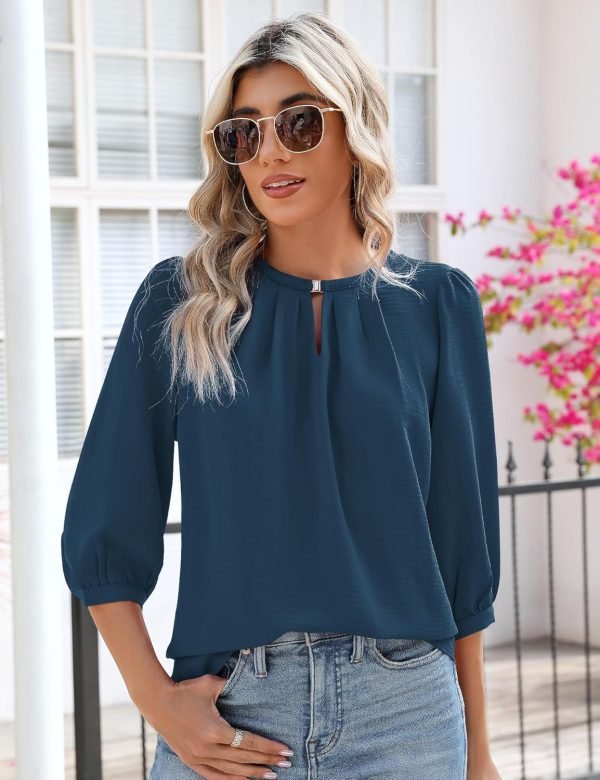V Neck Puff 3/4 Length Sleeve Womens Tops Dressy Casual Chiffon Work Blouses Pleated T-Shirts Loose Fit S-XXL