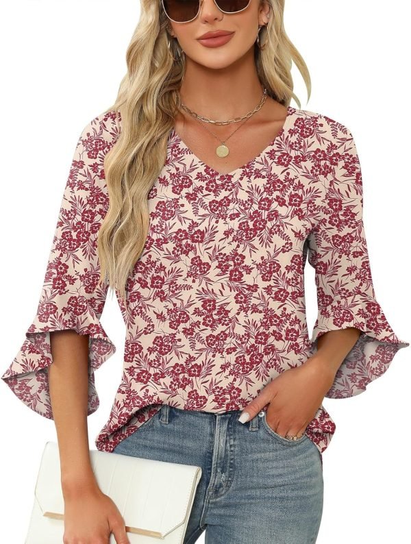 Chiffon Blouses for Women Ruffle 3/4 Sleeve Dressy V Neck Casual Flowy Tunic Tops