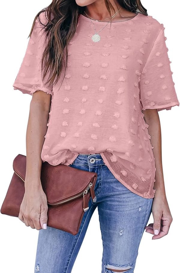 81Vu47olMKL._AC_SL1500 Womens Chiffon Blouse Summer Casual Round Neck Short Sleeve Pom Pom Shirts Top