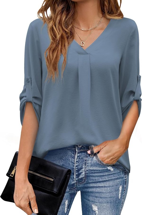 U.Vomade Women's 3/4 Cuffed Sleeve Chiffon V Neck Casual Shirts for Women S-XL