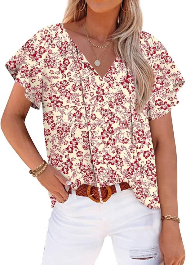 Womens 2024 Summer Tunic Tops Casual Short Sleeve Blouses V Neck Dressy Chiffon Boho Tshirts