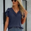 Womens Tops Dressy Casual V Neck Ruffle Short Sleeve Blouse Business Casual Tops Chiffon Flowy Shirt Cute Summer Tops