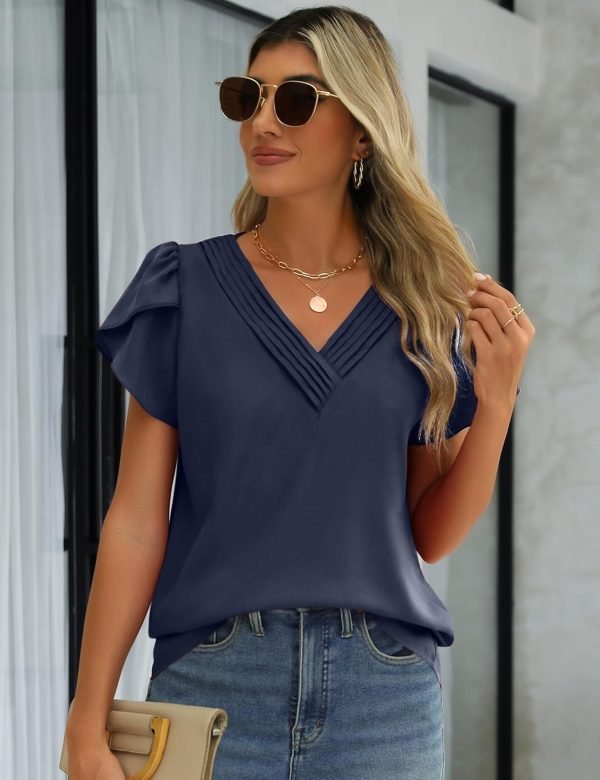 Womens Tops Dressy Casual V Neck Ruffle Short Sleeve Blouse Business Casual Tops Chiffon Flowy Shirt Cute Summer Tops
