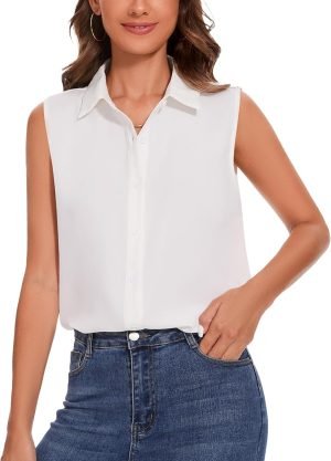 Womens Sleeveless Button Down Shirt Classic Collared Blouse Basic Tank Tops Work Office Chiffon Tops