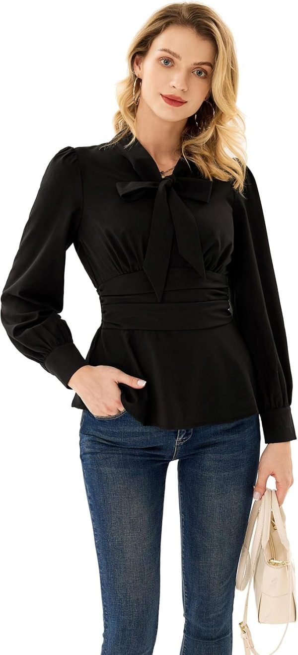 81ZZlUUPL7L._AC_SL1500 Women's Long Sleeve Peplum Dressy Shirt Office Bow Tie Work Blouses Tops Smocked Waist