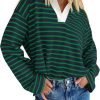 Womens Striped Long Sleeve Shirts 2024 Casual V Neck Oversized Sweatshirt Loose Fit Tunic Tops Fall Blouses