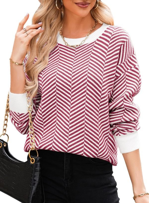 81_IKbTfZ3L._AC_SL1500 Women's Crewneck Cute Sweaters 2024 Striped Colorblock Fall Winter Knitted Pullover Tops