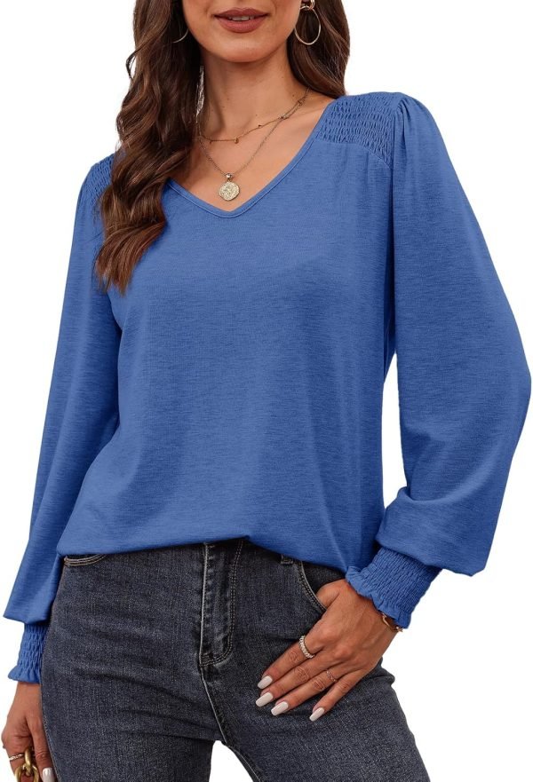 81_fHJvKeVL._AC_SL1500 Women's Casual Long Sleeve Tops Shirred Shoulders Solid Color Knit Ribbed T Shirts Blouses