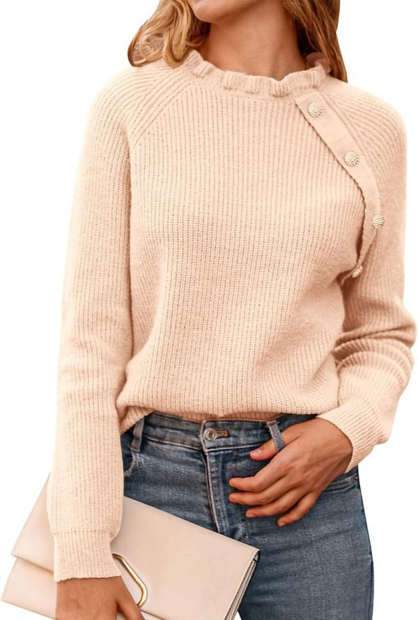 81_fshdVPzL._AC_SL1500 Women's Sweaters Casual Long Sleeve Button Down Crew Neck Ruffle Knit Pullover Sweater Tops Solid Color Striped