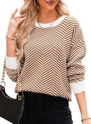 Women's Crewneck Cute Sweaters 2024 Striped Colorblock Fall Winter Knitted Pullover Tops