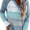 Women Color Block Hooded Crochet Striped Sweaters Lightweight Drawstring Hoodies Pullover Trendy Sweatshirts