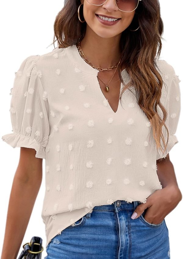 81cYn6zQFDL._AC_SL1500 Womens Puff Sleeve Summer Tops Chiffon Short Sleeve Blouses White V Neck Pom Pom Shirts