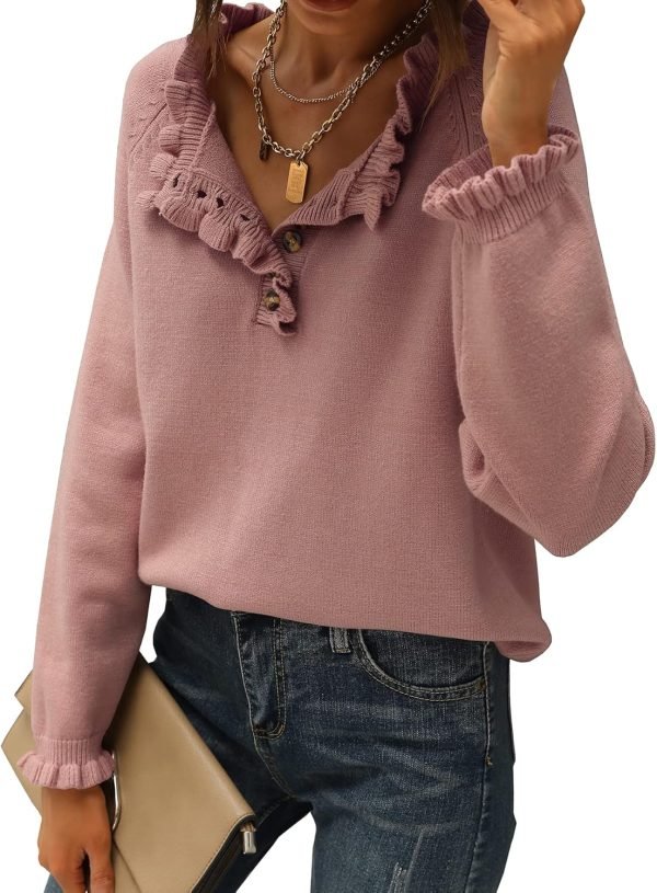 81caBIexydL._AC_SL1500 Women's Sweaters Casual Long Sleeve Button Down Crew Neck Ruffle Knit Pullover Sweater Tops Solid Color Striped