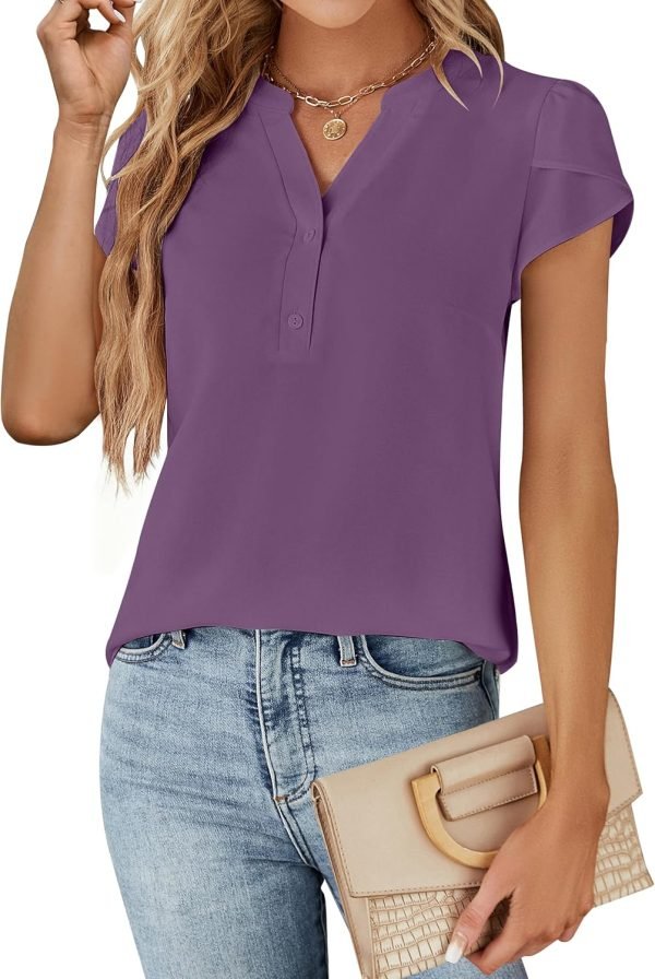 81dwwvcCSbL._AC_SL1500 Womens Dressy Casual Tops Business Casual Cap Sleeve Work Blouses Chiffon V Neck Button Down Shirts