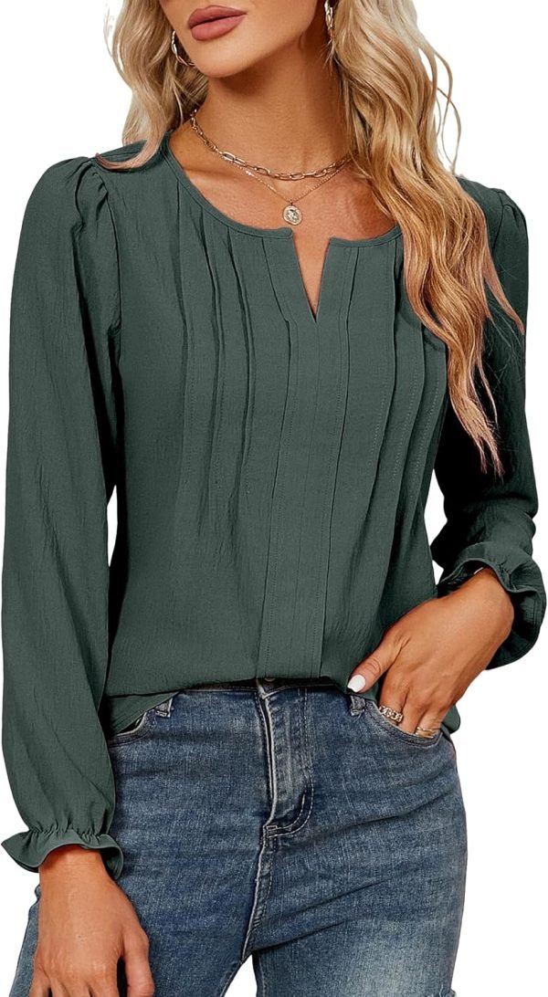 Womens Tops Dressy Casual Long Sleeve Shirts V Neck Chiffon Blouses Fall Clothes 2024
