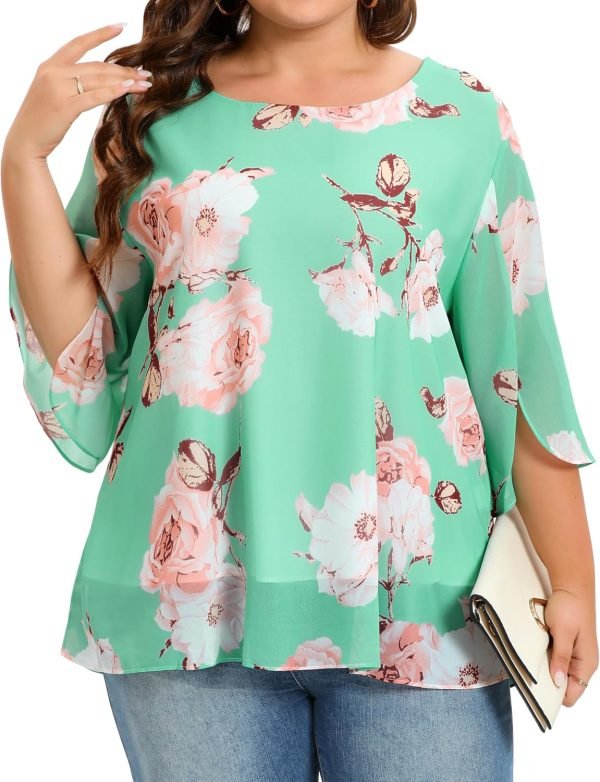 Womens Tops Dressy Casual Summer Chiffon Blouse 3/4 Sleeve Loose Mesh Tunic Shirts