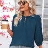 V Neck Puff 3/4 Length Sleeve Womens Tops Dressy Casual Chiffon Work Blouses Pleated T-Shirts Loose Fit S-XXL