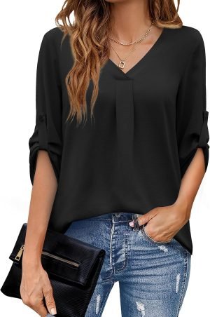 U.Vomade Women's 3/4 Cuffed Sleeve Chiffon V Neck Casual Shirts for Women S-XL