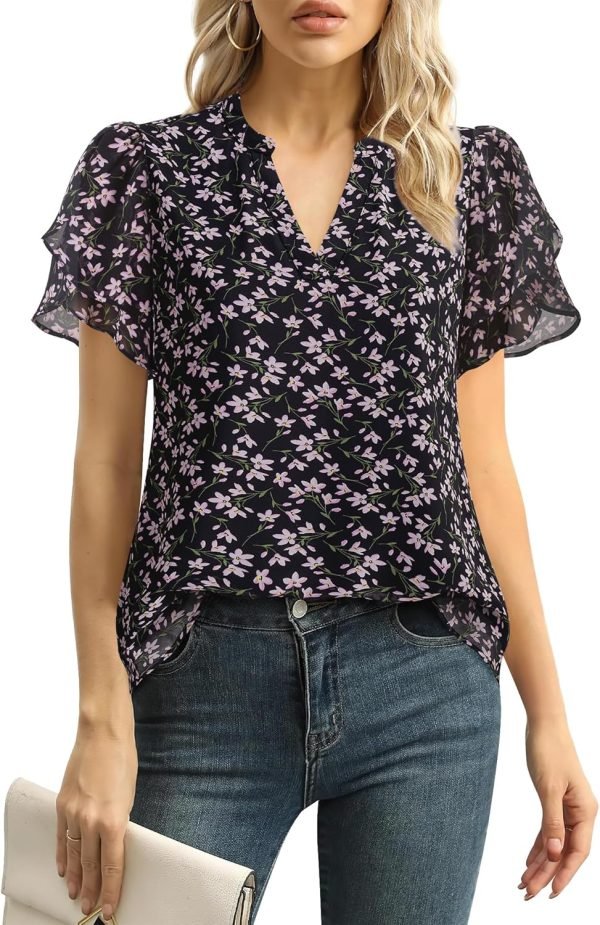 Womens Dressy Chiffon Blouses Summer Puff Petal Short Sleeve Shirts V Neck Casual Work Tops