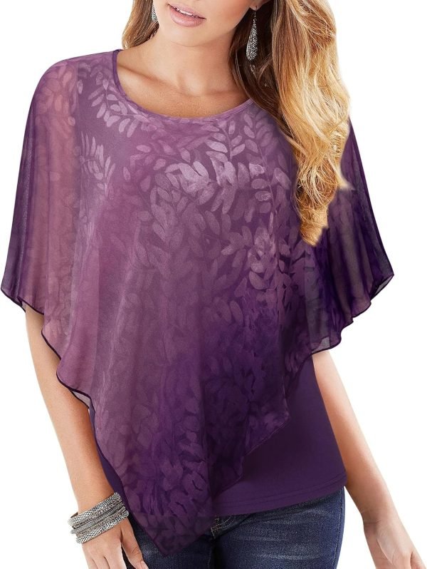 81iVEJCF9UL._AC_SL1500 Women's Lightweight Flowy Shirt Double-Layered Printed Chiffon Poncho Blouse Top