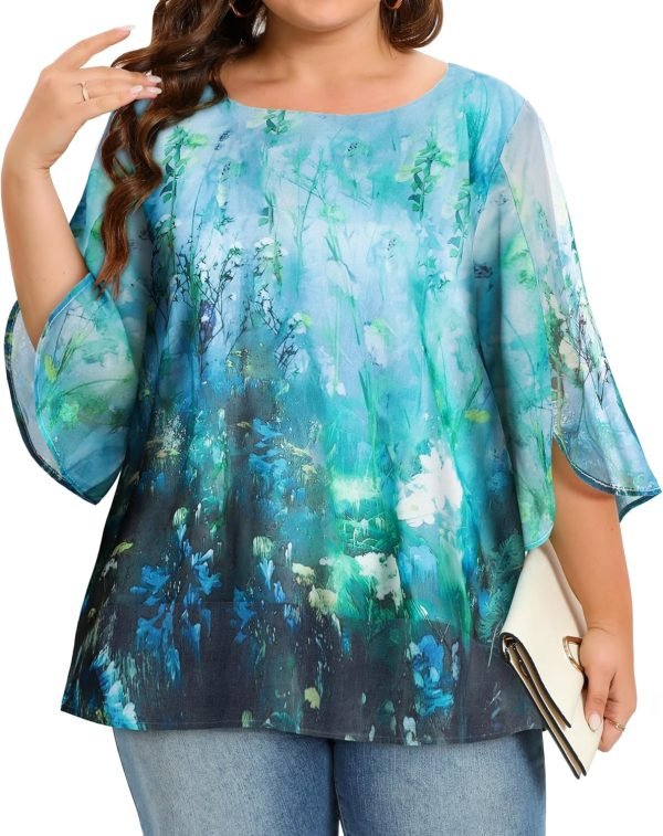 Womens Tops Dressy Casual Summer Chiffon Blouse 3/4 Sleeve Loose Mesh Tunic Shirts