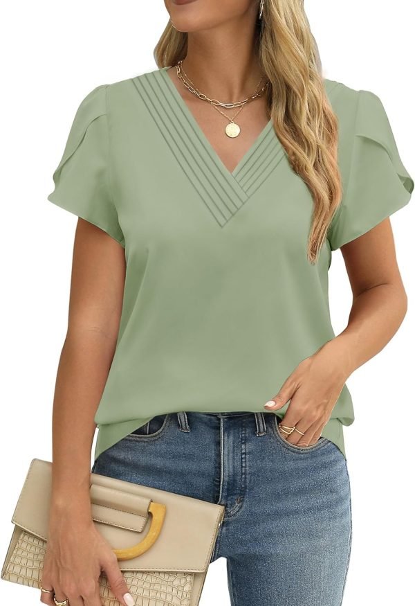 Womens Tops Dressy Casual V Neck Ruffle Short Sleeve Blouse Business Casual Tops Chiffon Flowy Shirt Cute Summer Tops