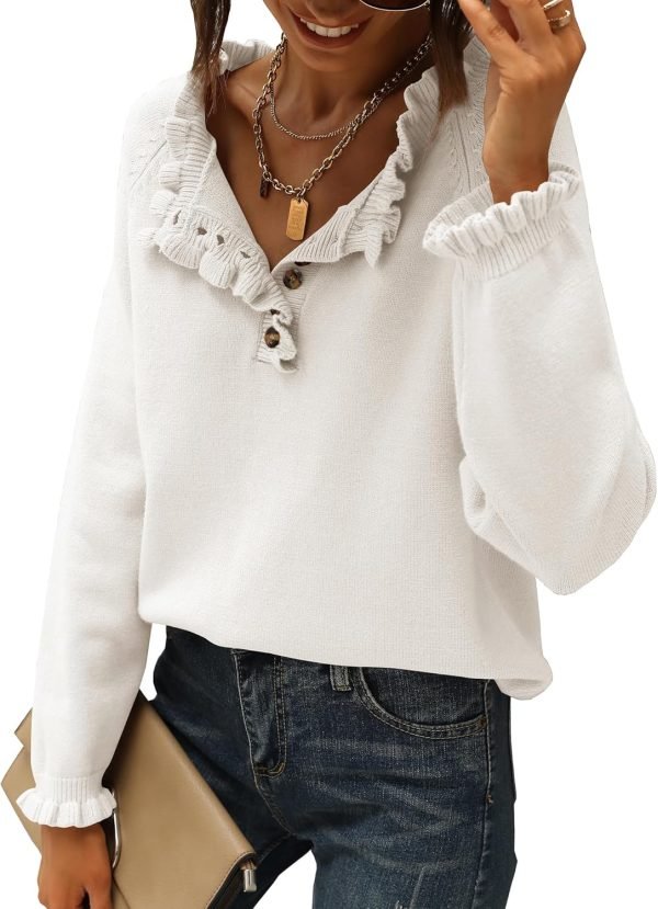 81jvmsTW-fL._AC_SL1500 Women's Sweaters Casual Long Sleeve Button Down Crew Neck Ruffle Knit Pullover Sweater Tops Solid Color Striped