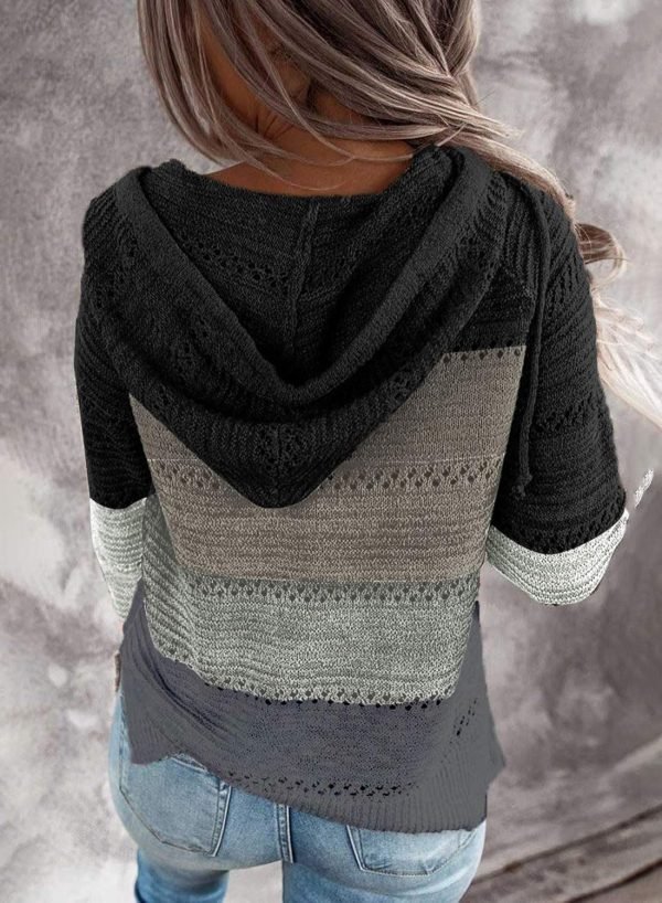 Women Color Block Hooded Crochet Striped Sweaters Lightweight Drawstring Hoodies Pullover Trendy Sweatshirts