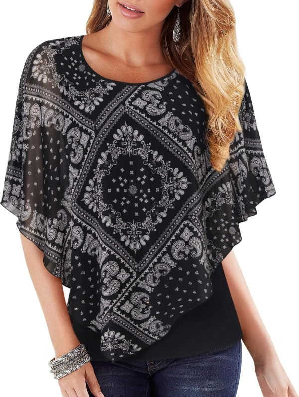 81lhwXuNg2L._AC_SL1500 Women's Lightweight Flowy Shirt Double-Layered Printed Chiffon Poncho Blouse Top
