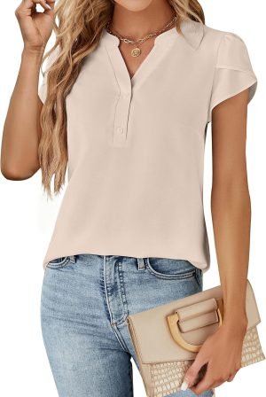 Womens Dressy Casual Tops Business Casual Cap Sleeve Work Blouses Chiffon V Neck Button Down Shirts